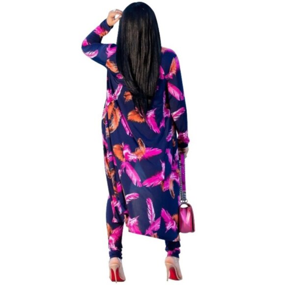 Hali Navy Orange Pink Florals Open Front Cardigan Leggings 2 Piece Suit - Picture 2 of 3